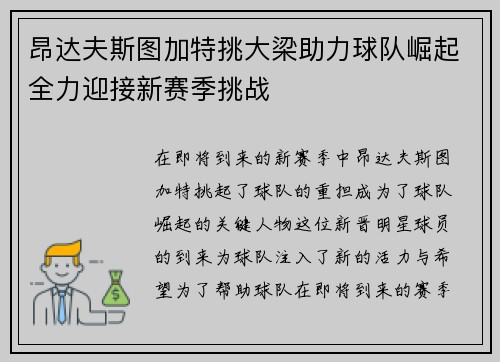昂达夫斯图加特挑大梁助力球队崛起全力迎接新赛季挑战 昂达夫斯图加特挑大梁助力球队崛起全力迎接新赛季挑战