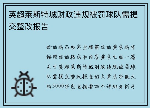 英超莱斯特城财政违规被罚球队需提交整改报告 英超莱斯特城财政违规被罚球队需提交整改报告