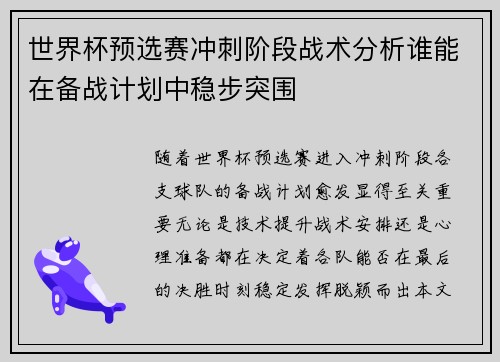 世界杯预选赛冲刺阶段战术分析谁能在备战计划中稳步突围