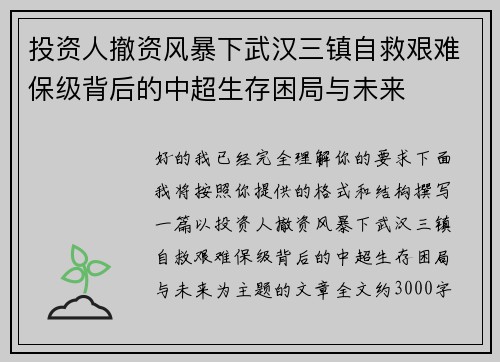 投资人撤资风暴下武汉三镇自救艰难保级背后的中超生存困局与未来